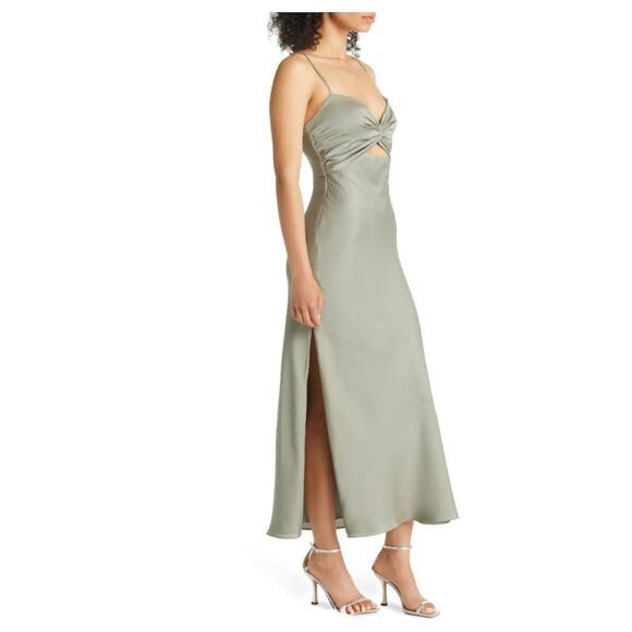 New Shona Joy Women's Cutout Twist Front Satin Cocktail Midi Dress in Eucalyptus - Picture 3 of 10